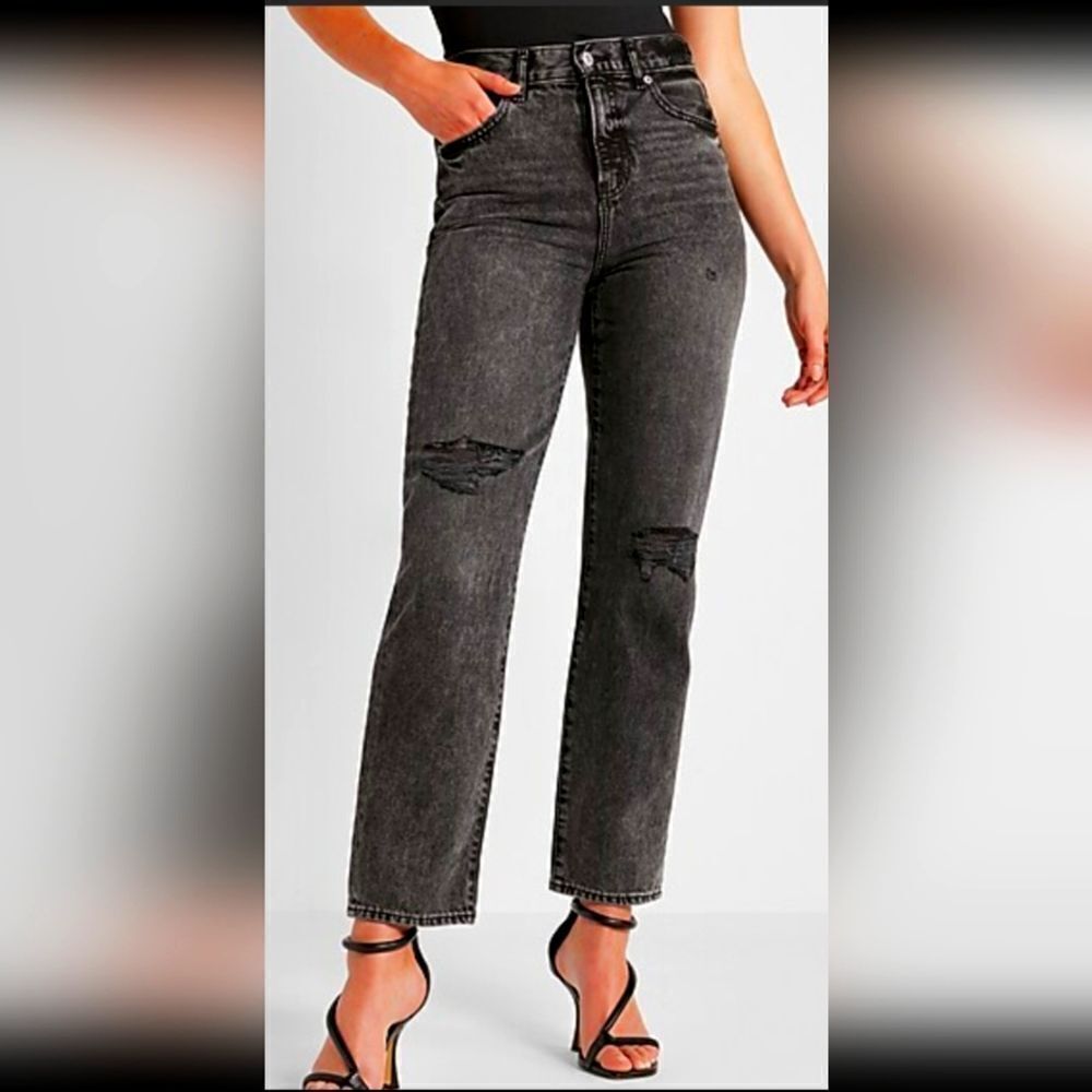 Express Black Straight Leg Jeans with Frayed Hem